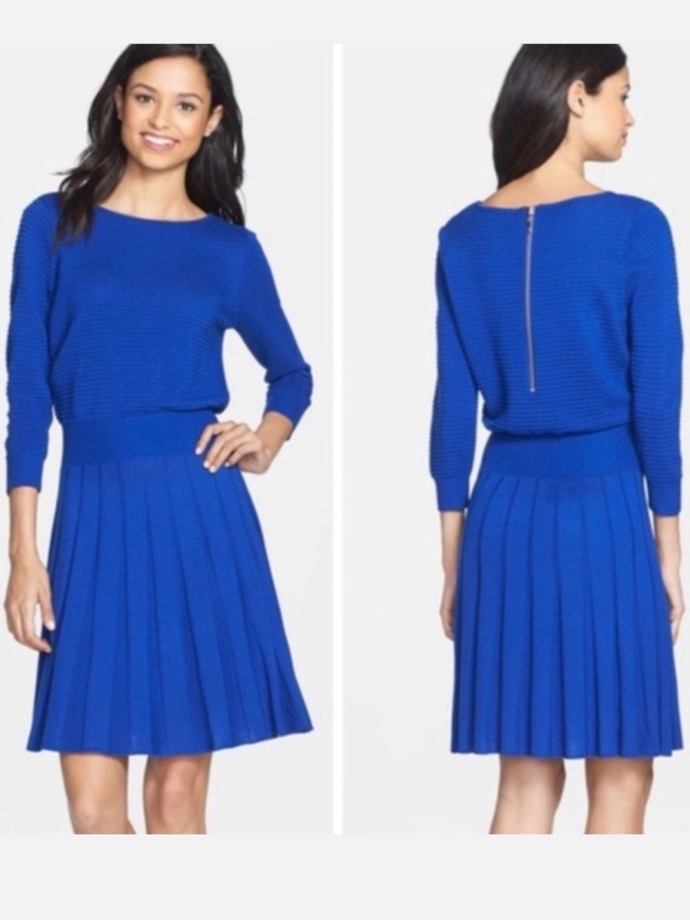 Eliza J Nordstrom Cobalt Blue Medium Long Sleeve Pleated Knit Dress